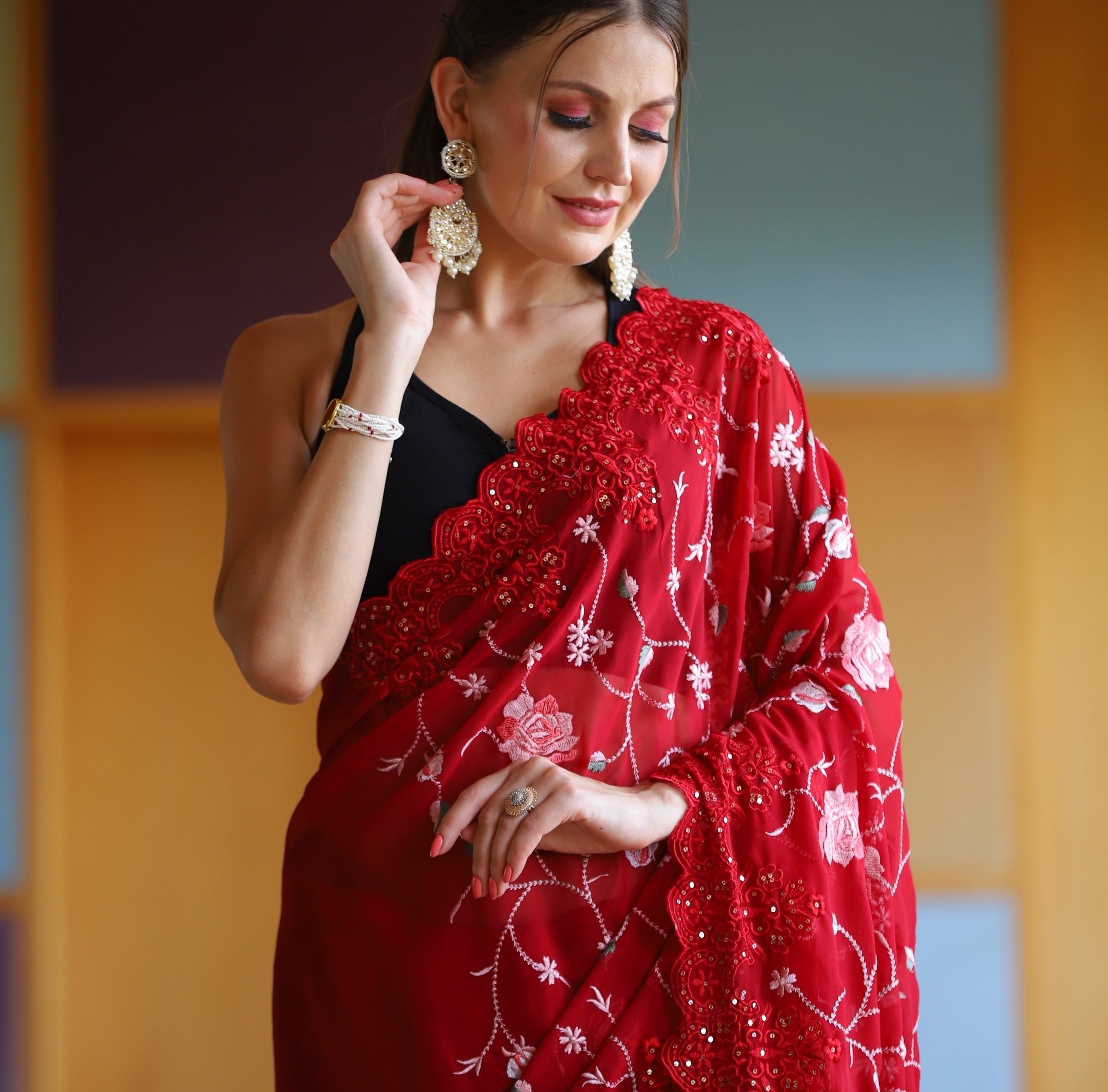 Organza silk saree is a lightweight, plain weave, sheer fabric that is made from silk. It is a popular saree material putting together a classy, comfortable, and elegant look.