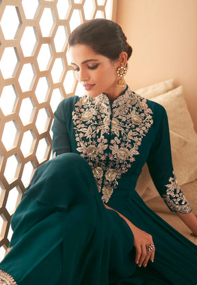Georgette Embroidered Abaya Style Suit in Teal Green