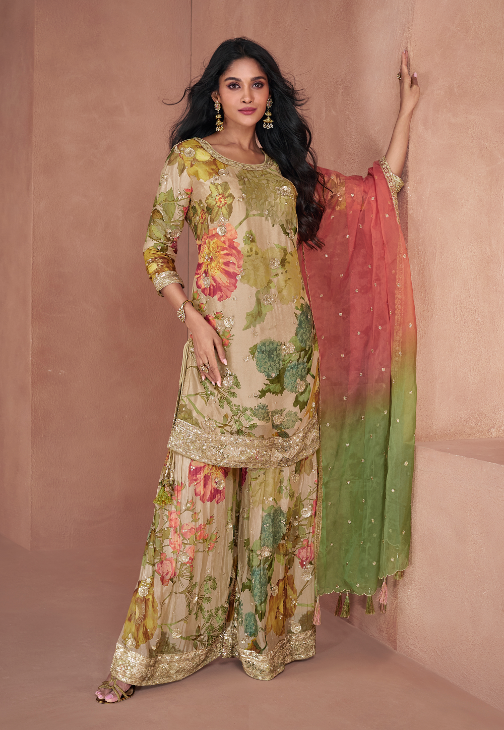 Digitally Printed Georgette Pakistani Suit in Beige