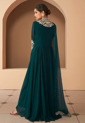 Georgette Embroidered Abaya Style Suit in Teal Green