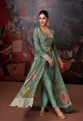 Embroidered Abaya Style Georgette Suit in Dusty Green