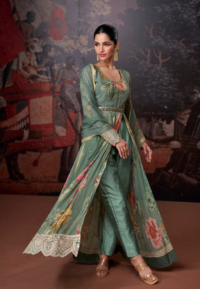 Embroidered Abaya Style Georgette Suit in Dusty Green