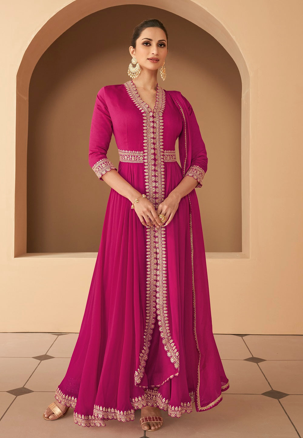 Georgette Embroidered Abaya Style Suit in Magenta