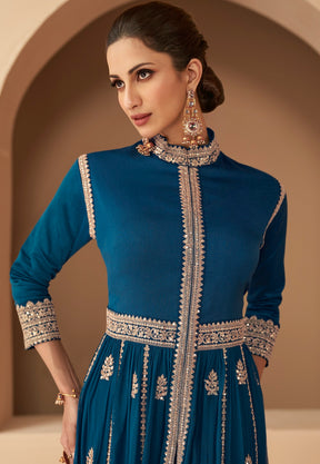 Georgette Embroidered Abaya Style Suit in Blue