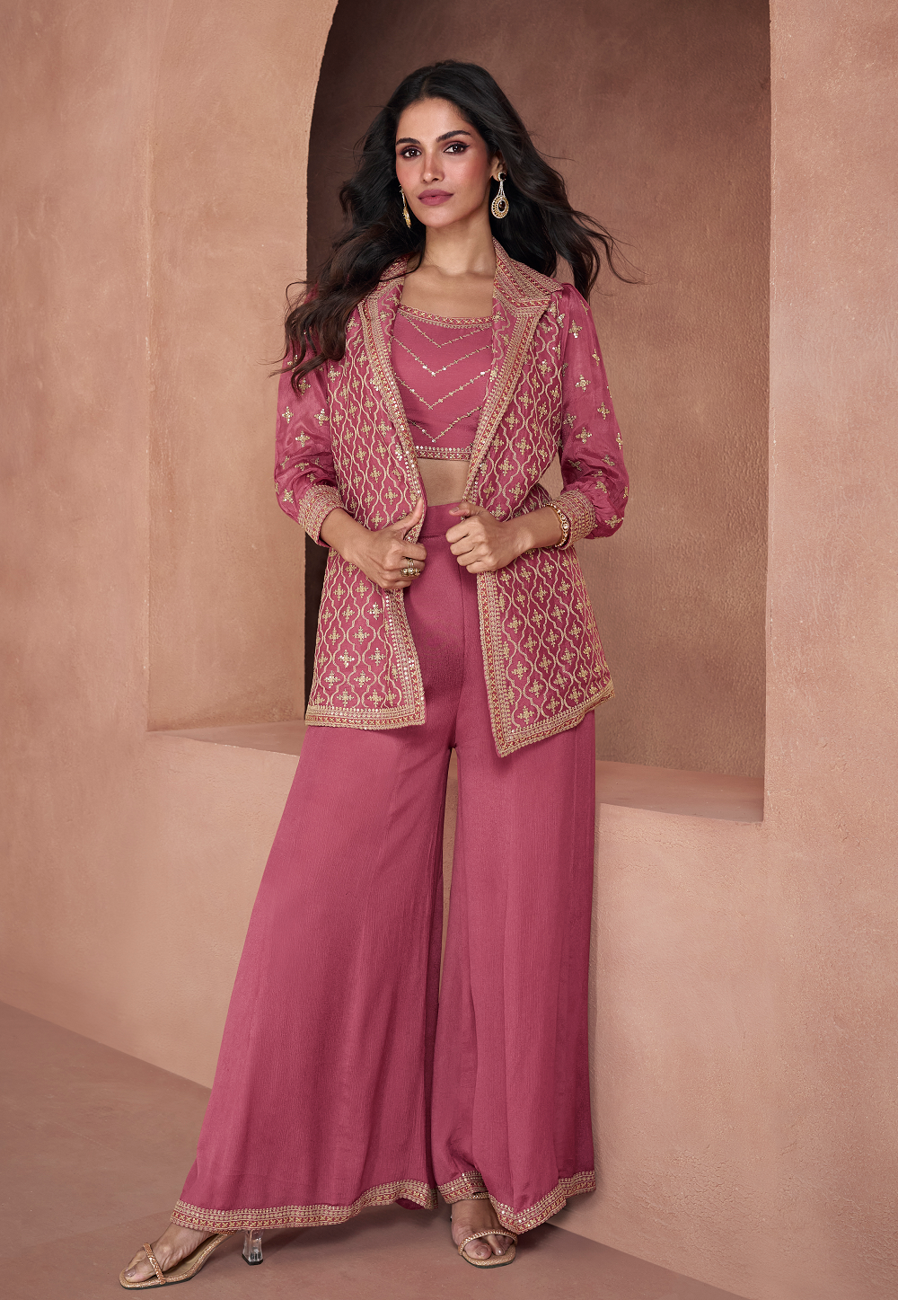Pink Digital Sequinned Chinon Chiffon Jacket Style Suit