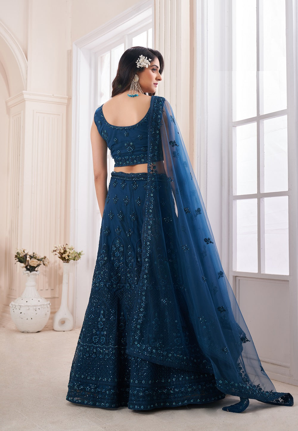 Net Embroidered Lehenga in Teal Blue