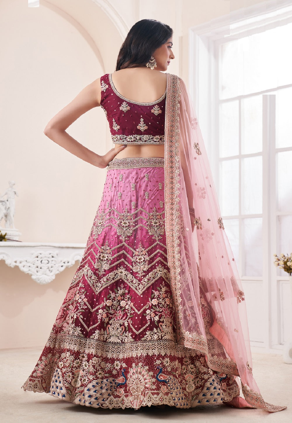 Net Embroidered Lehenga in Shaded Red
