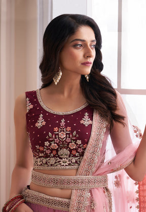 Net Embroidered Lehenga in Shaded Red