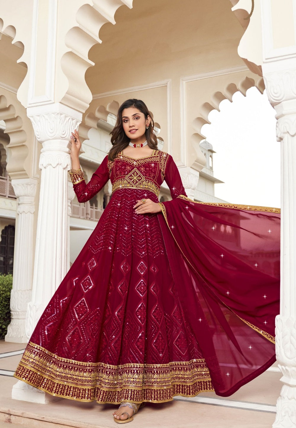 Georgette Embroidered Abaya Style Suit in Maroon