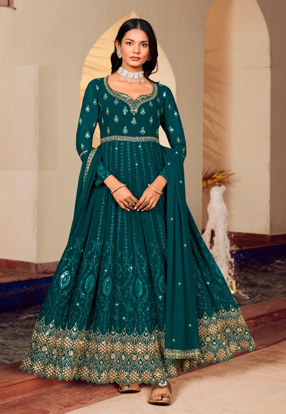 Georgette Embroidered Abaya Style Suit in Dark Green