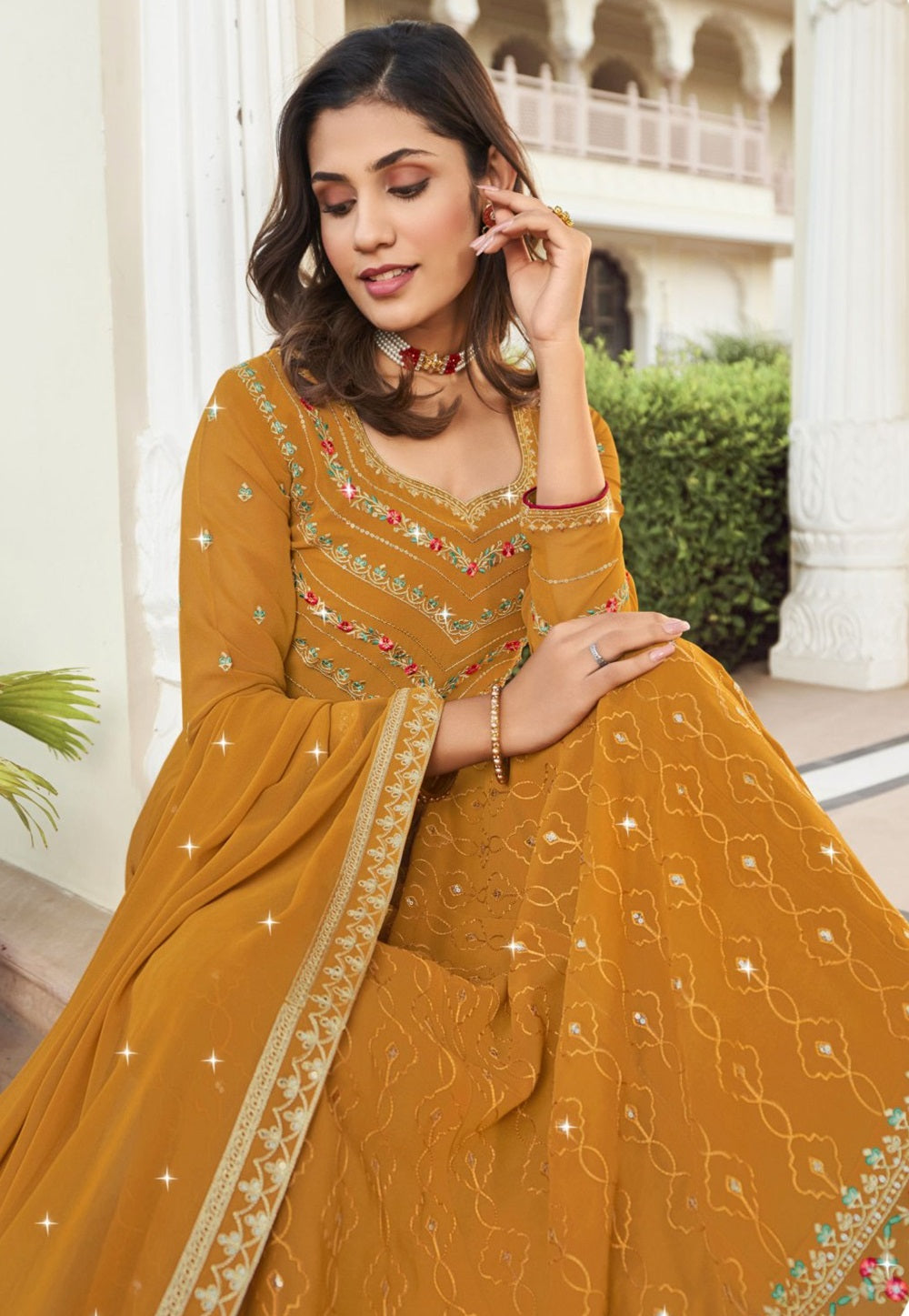 Georgette Embroidered Abaya Style Suit in Mustard