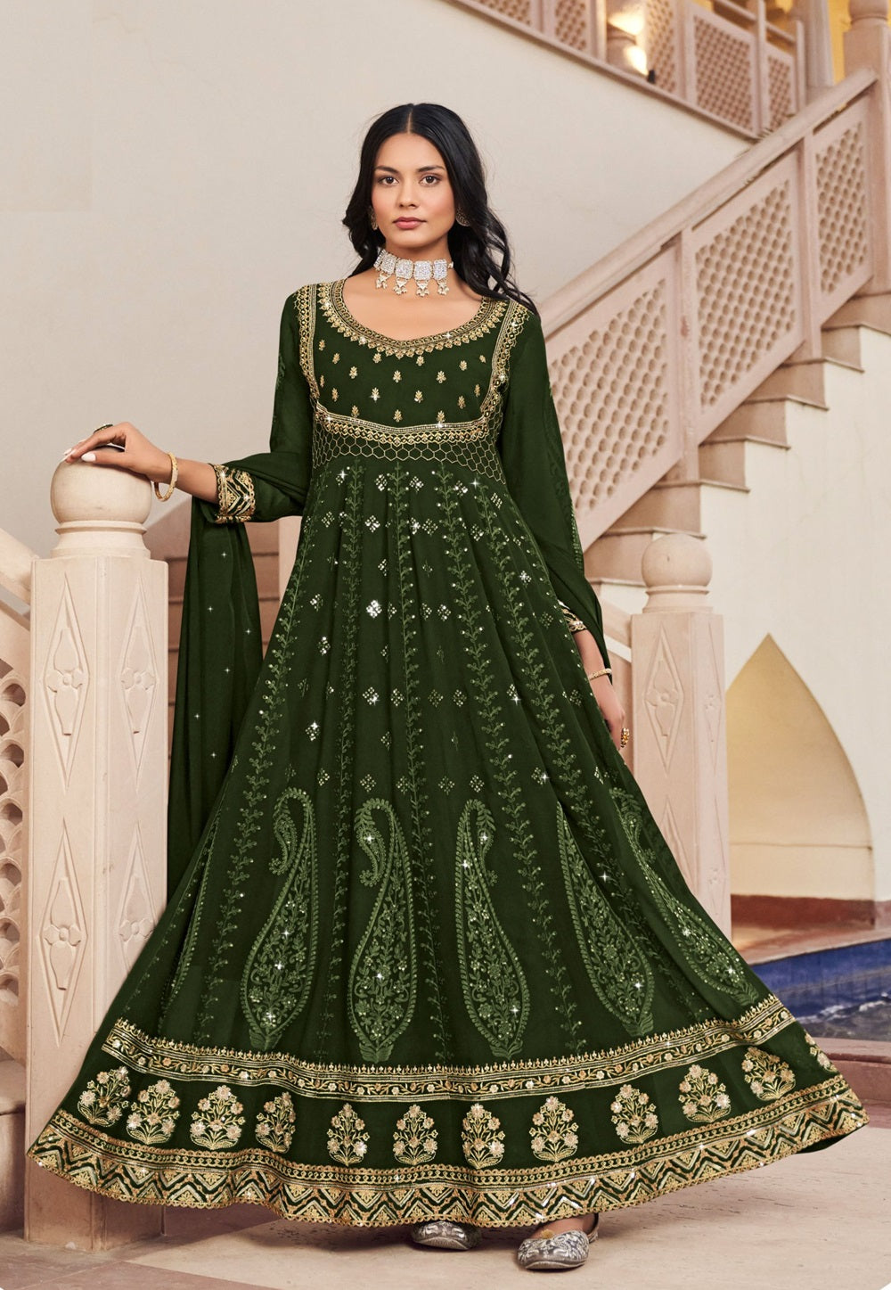 Embroidered Georgette Abaya Style Suit in Olive Green
