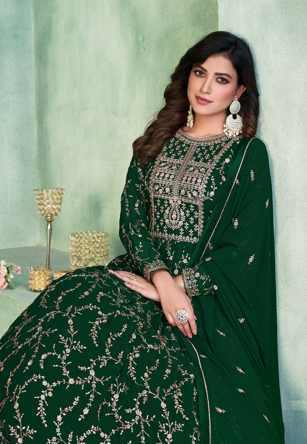 Georgette Embroidered Abaya Style Suit in Dark Green
