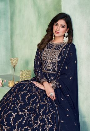 Georgette Embroidered Abaya Style Suit in Navy Blue