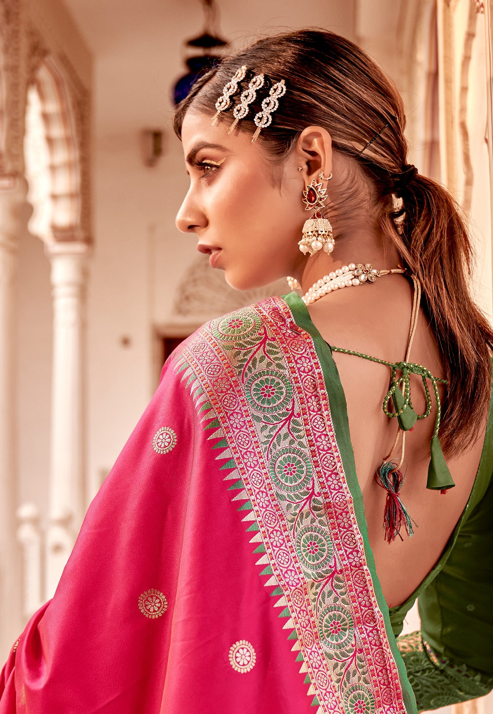 Art Silk Woven Silk Saree in Pink