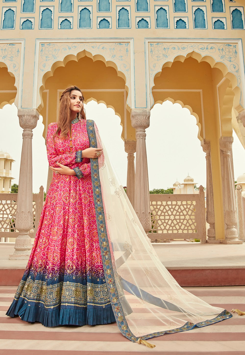 Art Silk Jacquard Bandhej Printed Abaya Style Suit in Pink