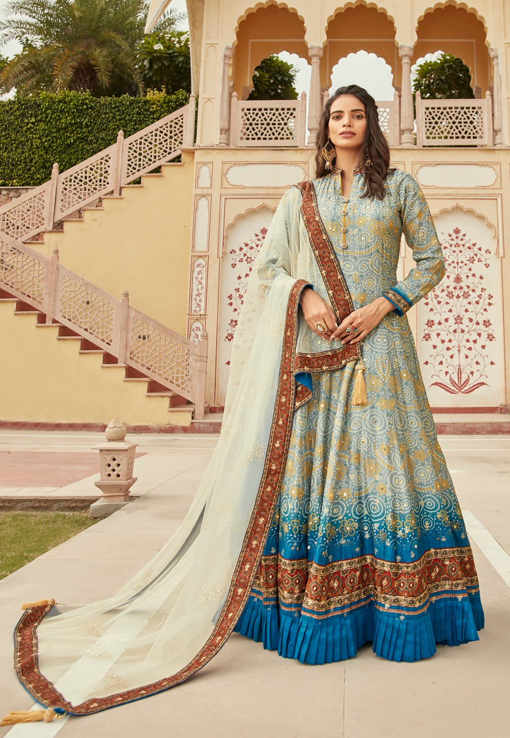 Art Silk Jacquard Bandhej Printed Abaya Style Suit in Dusty Blue