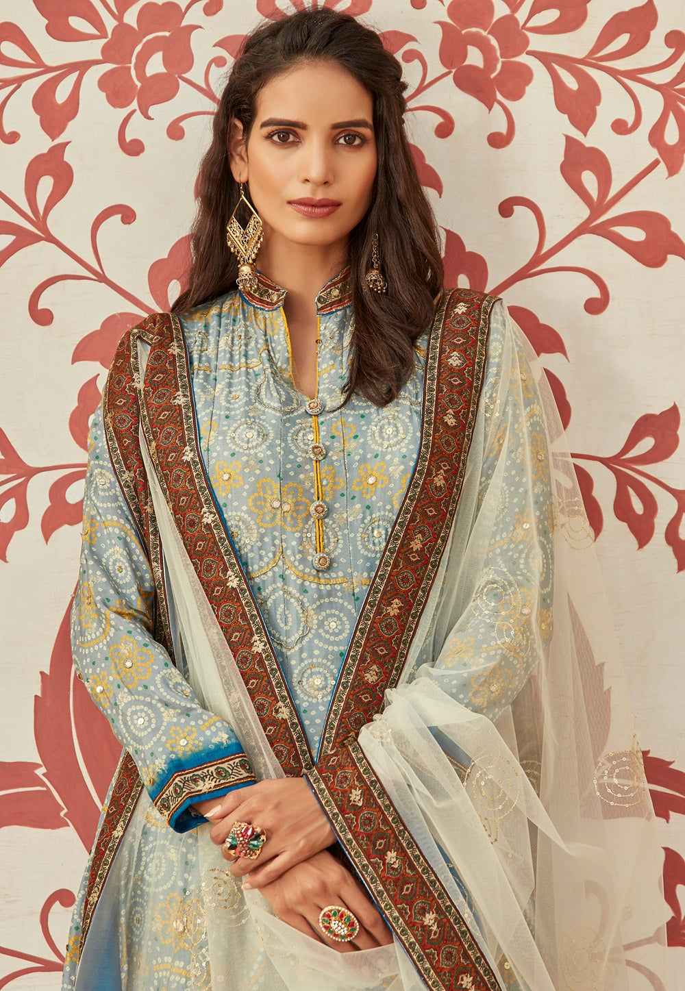 Art Silk Jacquard Bandhej Printed Abaya Style Suit in Dusty Blue