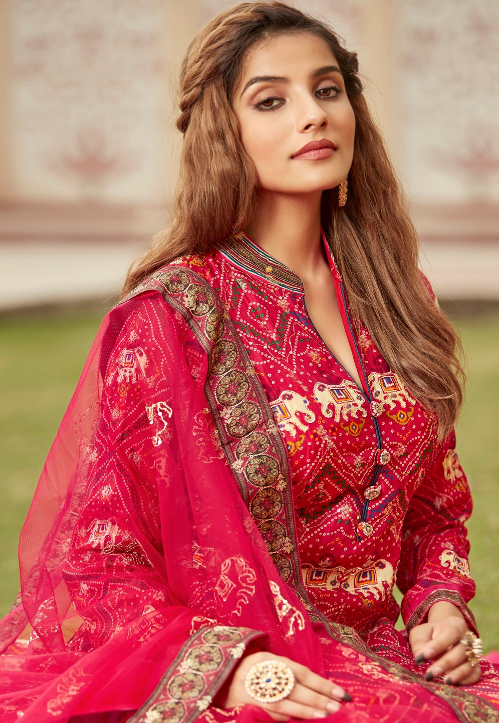 Art Silk Jacquard Bandhej Printed Abaya Style Suit in Fuchsia
