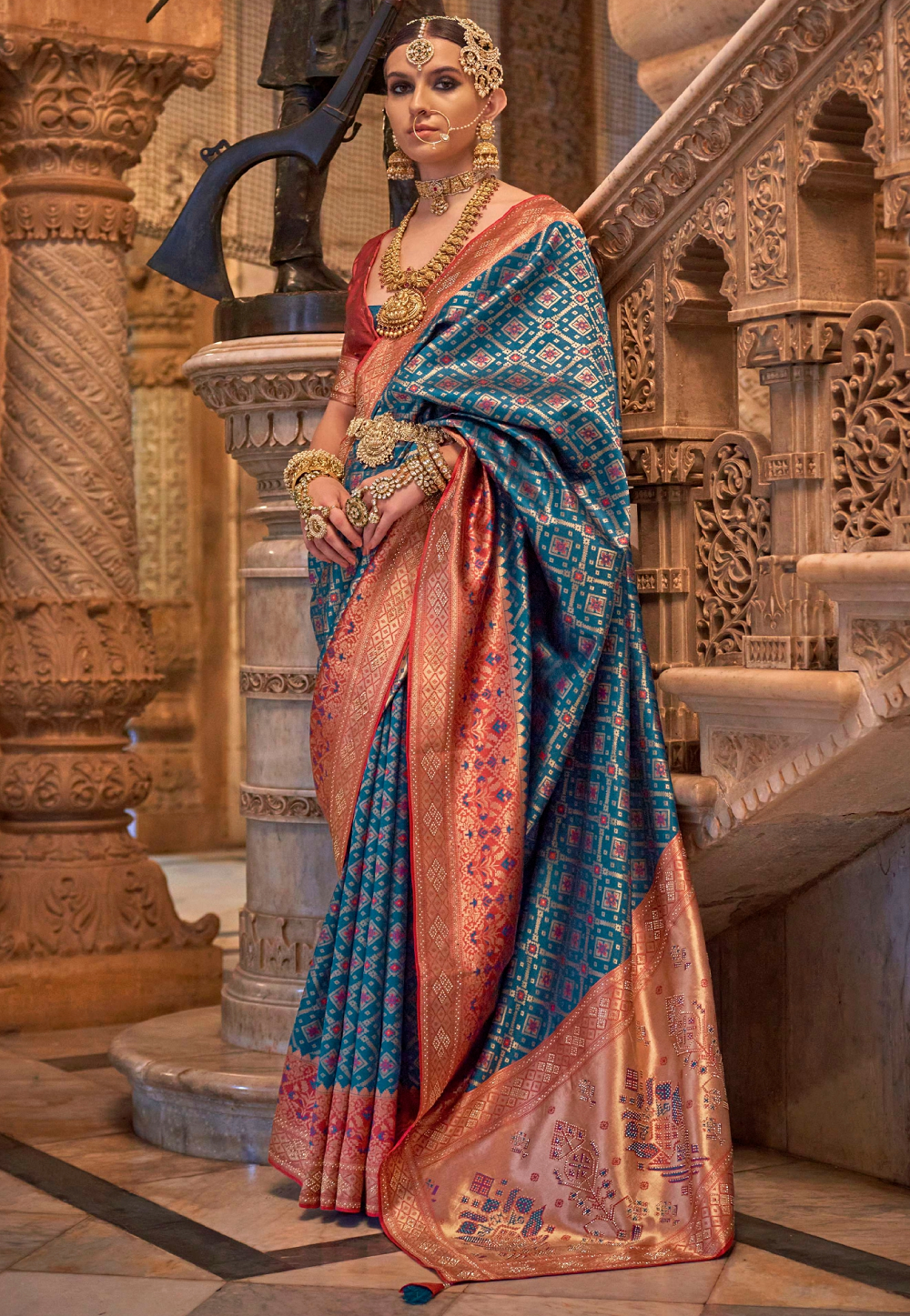 Art Silk Woven Saree in Teal Blue