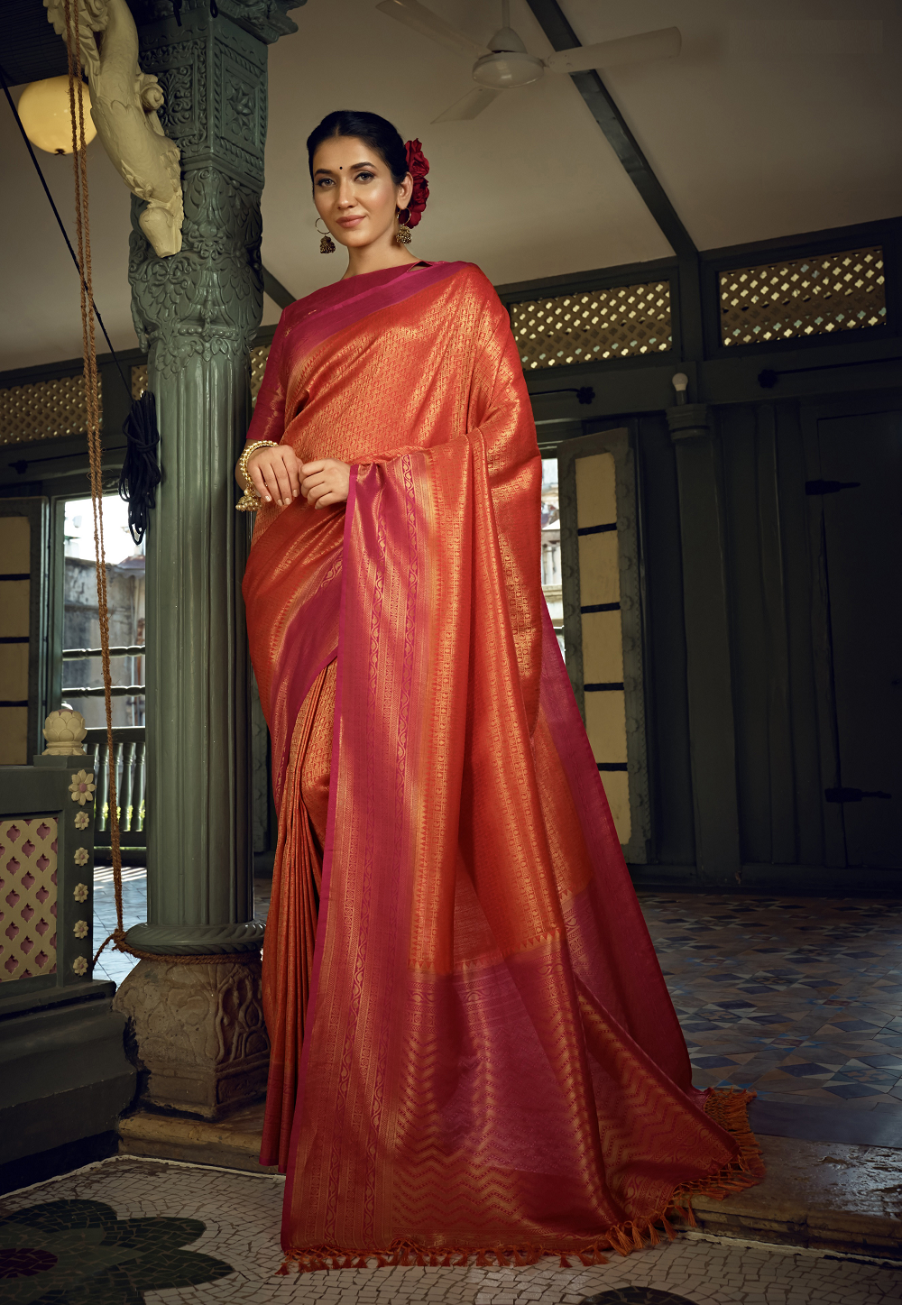 Art Silk Woven Saree in Orange