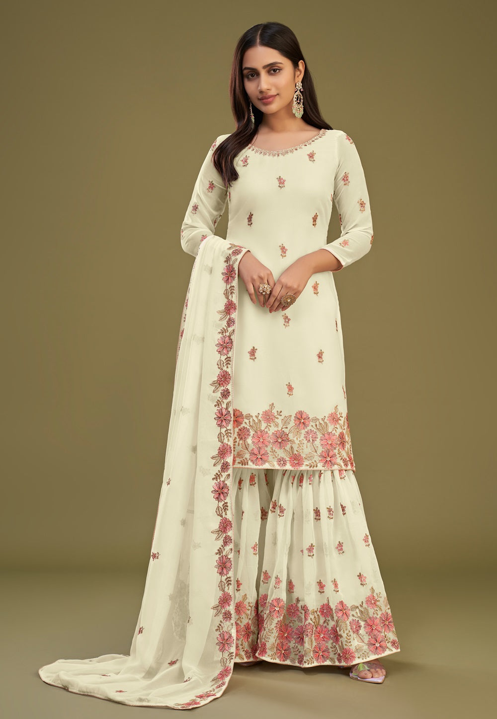 Georgette Embroidered Pakistani Salwar Set in Cream