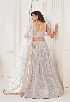 Net Embroidered Lehenga in Off White