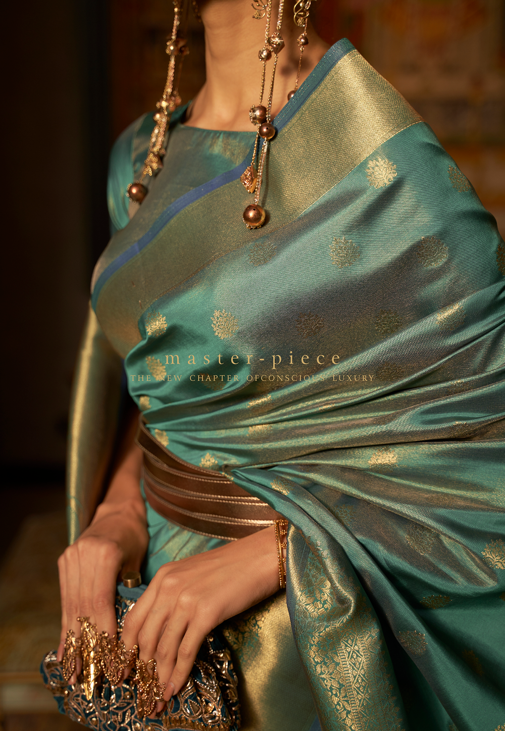 Art Silk Woven Saree in Teal Green