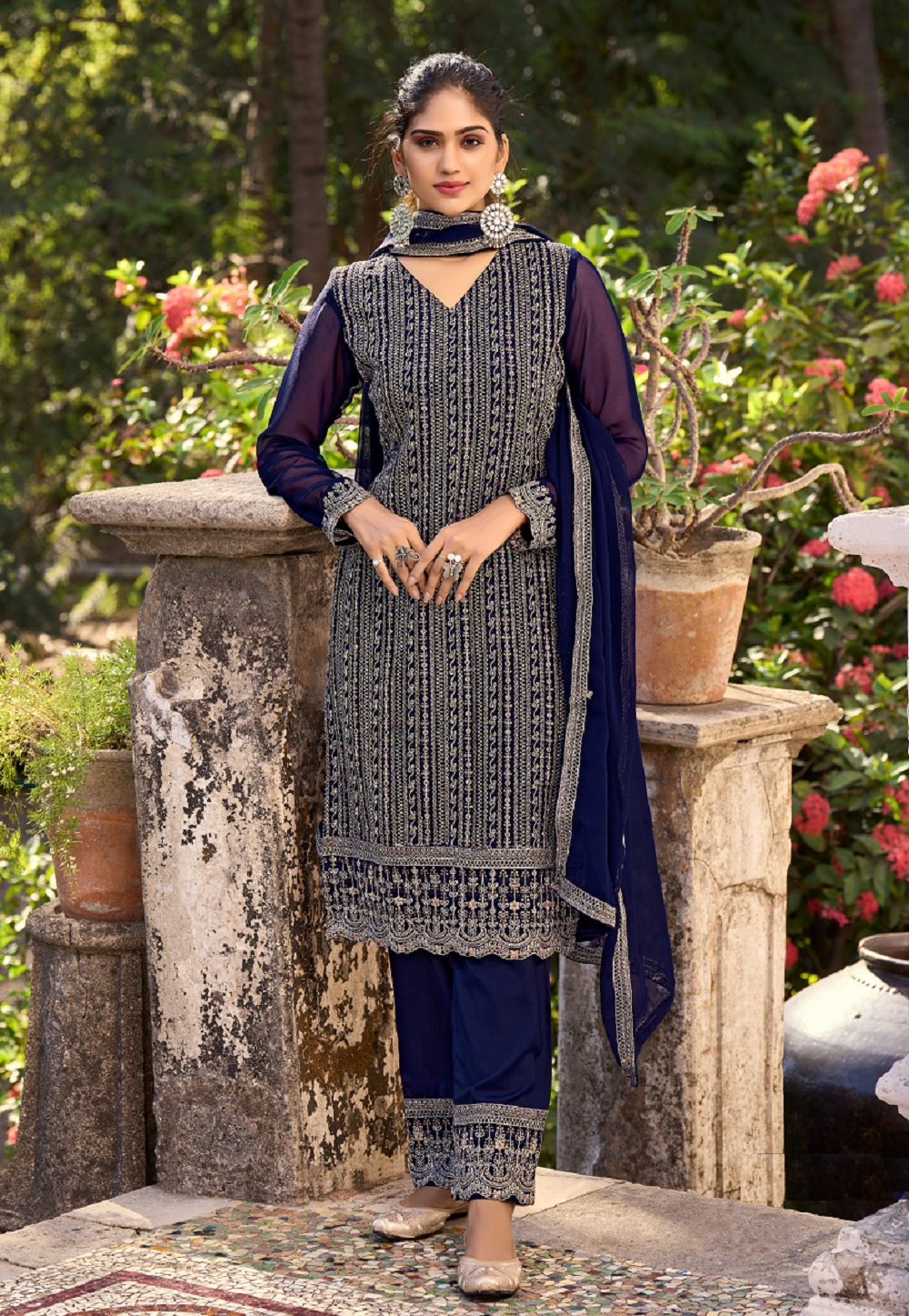Art Silk Embroidered Pakistani Suit in Navy Blue