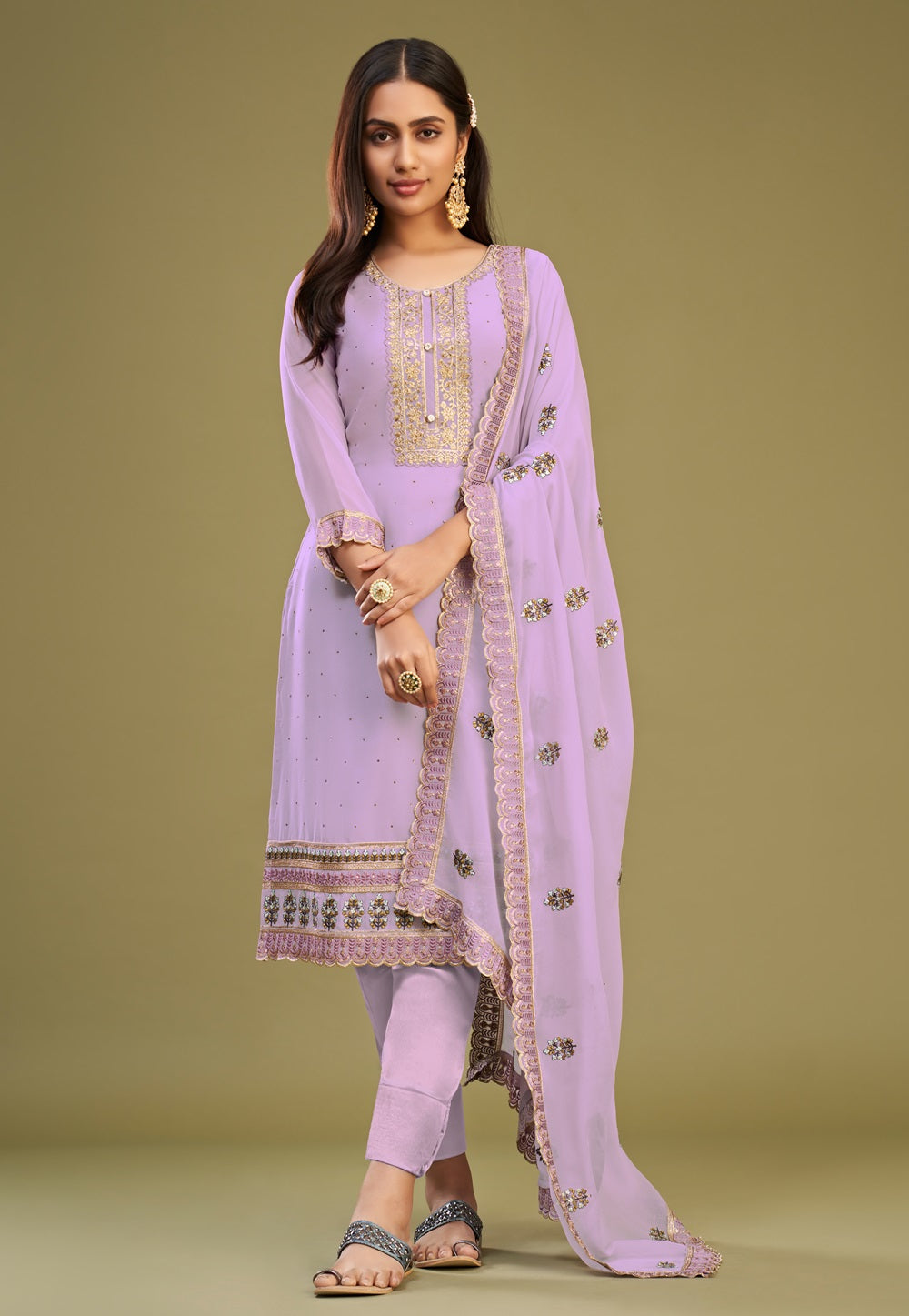 Georgette Embroidered Pakistani Salwar Set in Light Purple