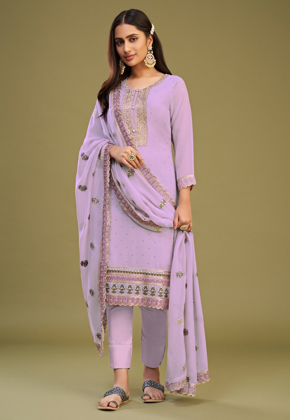 Georgette Embroidered Pakistani Salwar Set in Light Purple