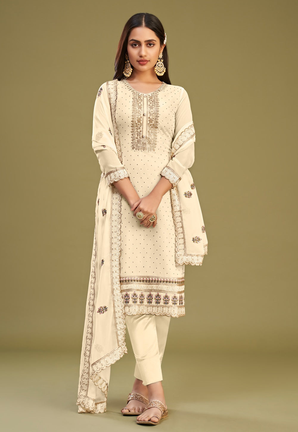 Georgette Embroidered Pakistani Salwar Set in Light Beige
