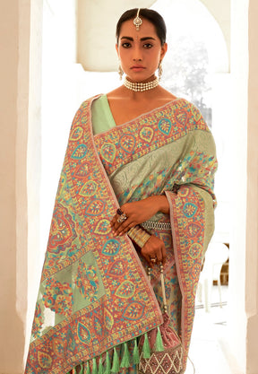 Woven Pashmina Silk Saree in Light Green