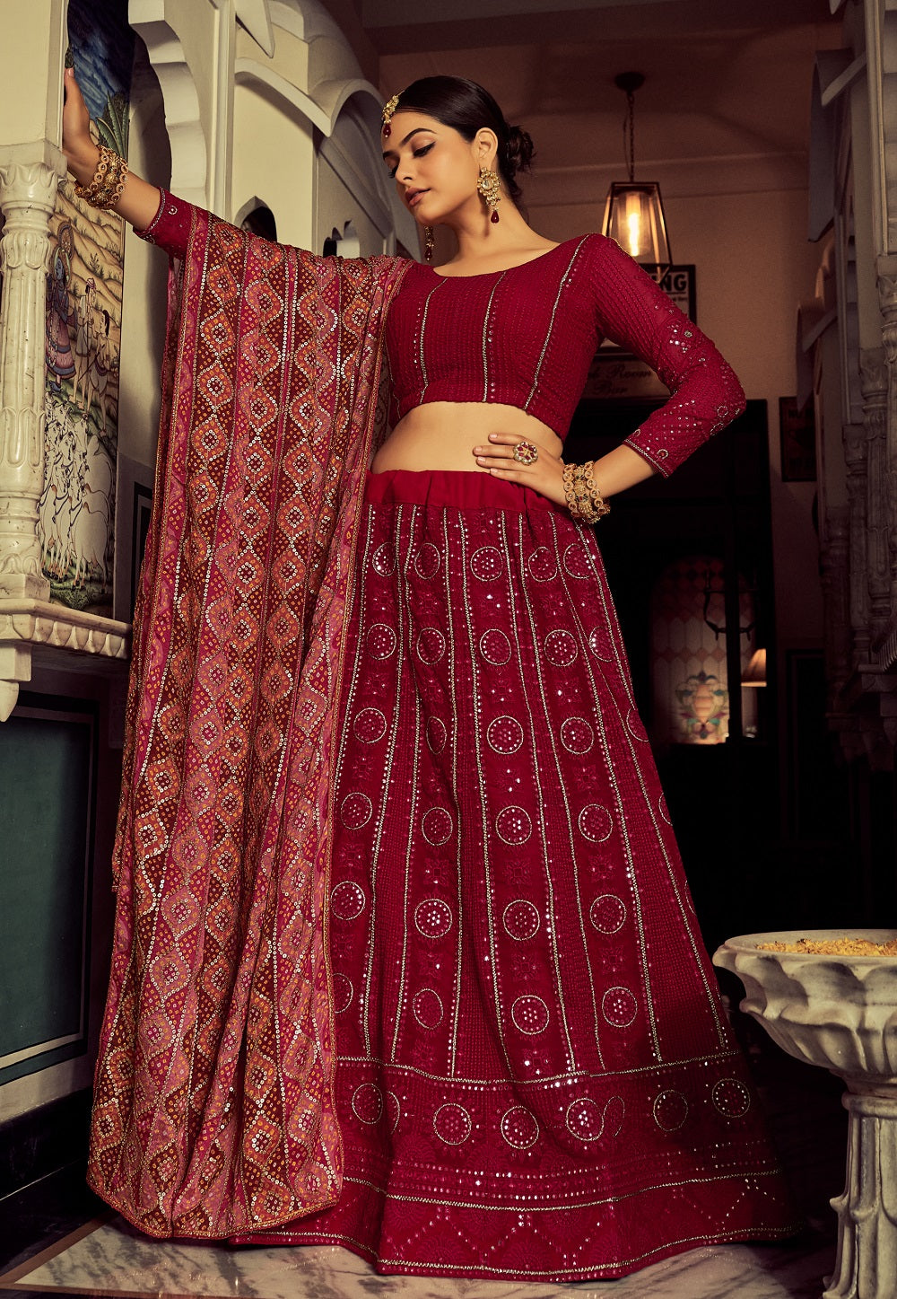 Embroidered Georgette Lehenga in Pink