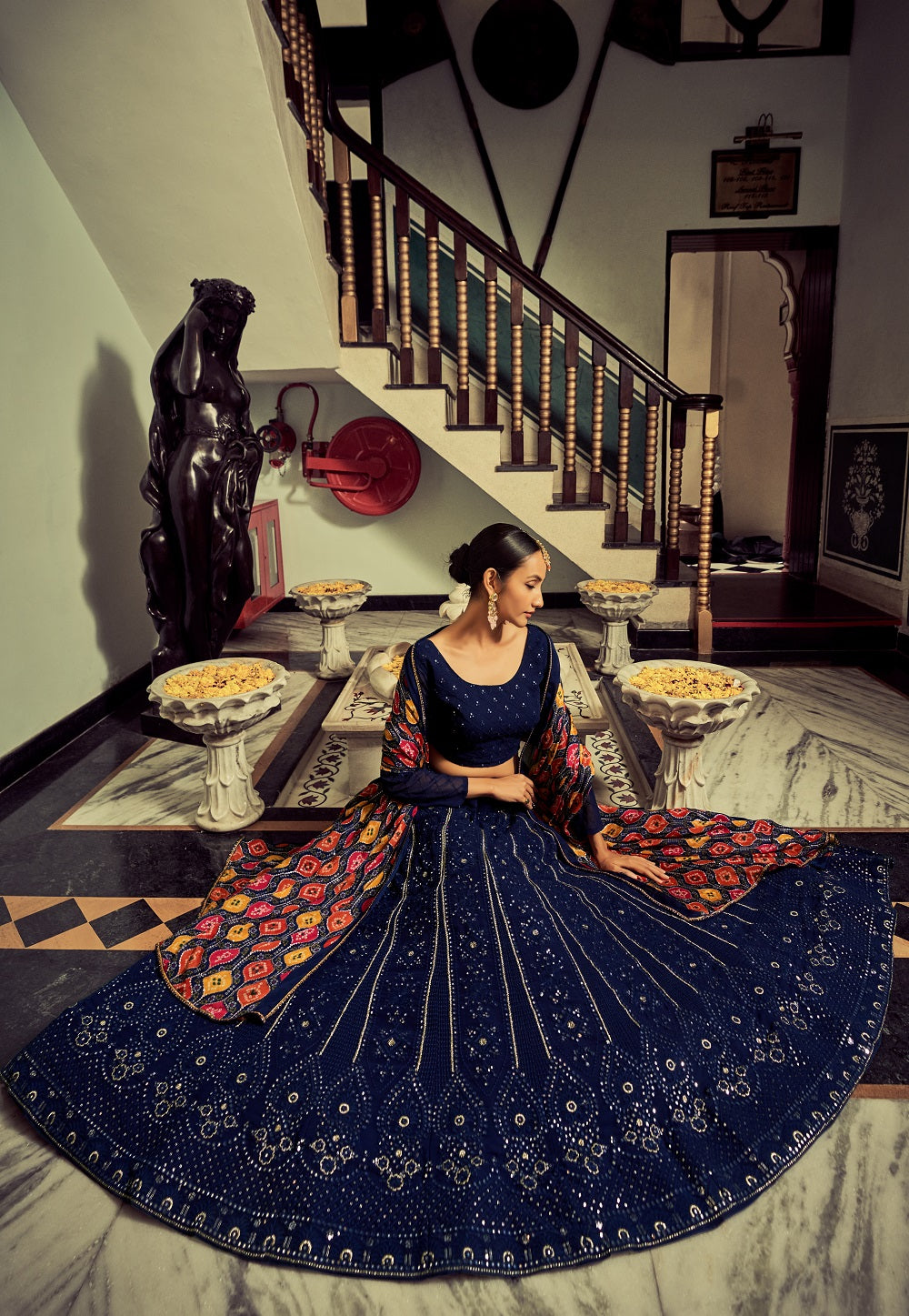 Georgette Embroidered Lehenga in Navy Blue