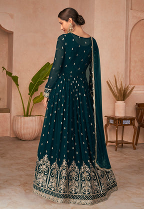 Georgette Front Slit Embroidered Abaya Style Suit in Teal Blue