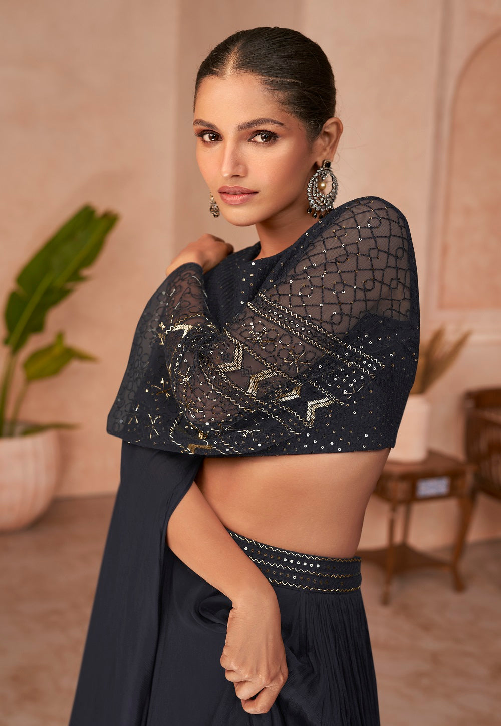 Art Silk Embroidered and Net Crop Top Set in Black