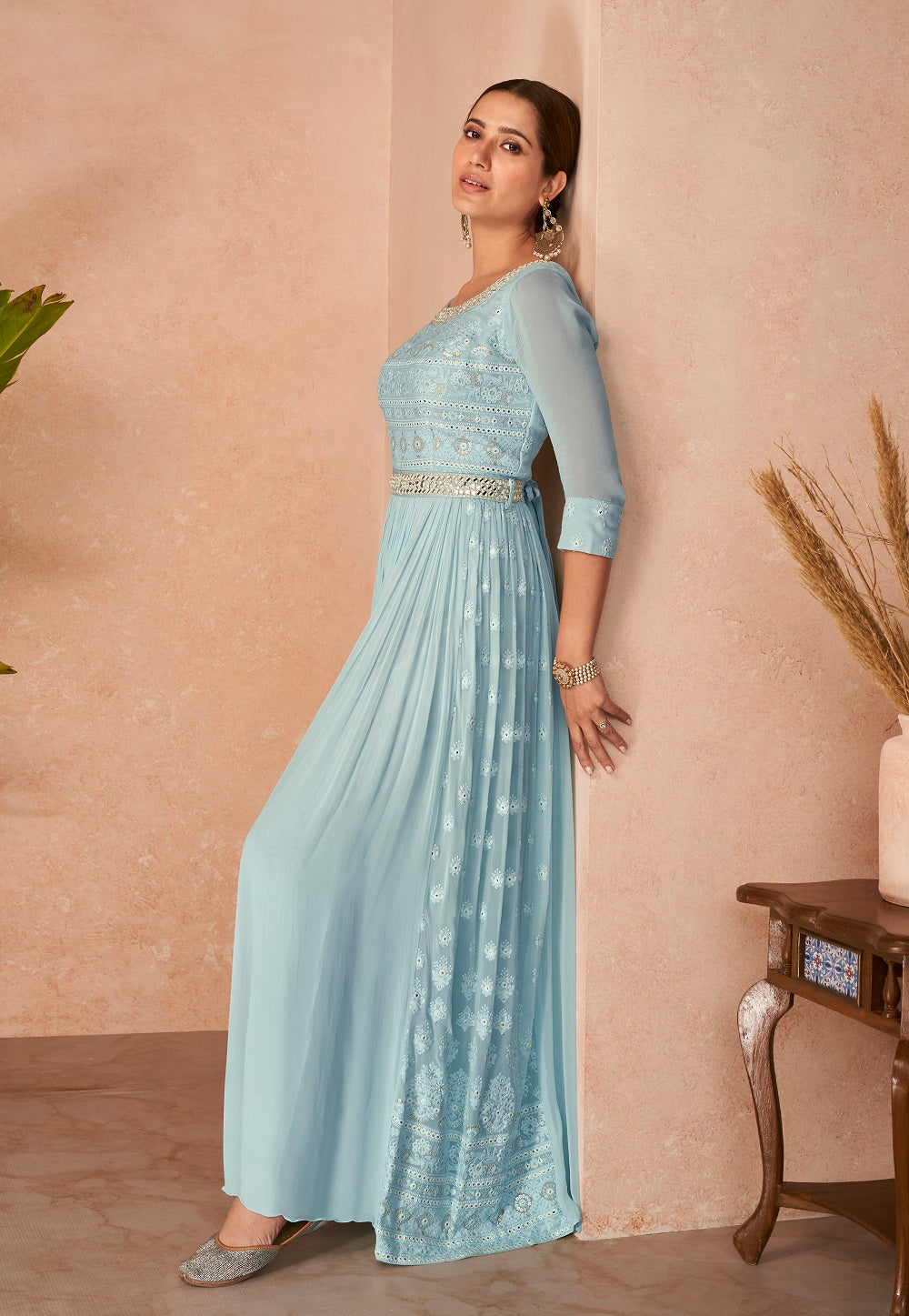 Chinon Chiffon Embroidered Long Gown in Sky Blue