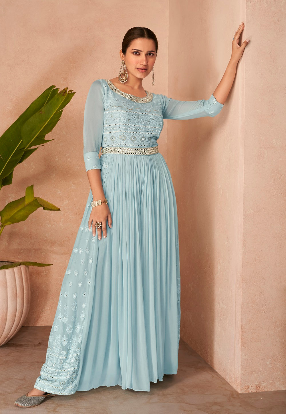 Chinon Chiffon Embroidered Long Gown in Sky Blue