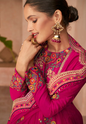 Art Silk Embroidered Pakistani Style Suit in Magenta