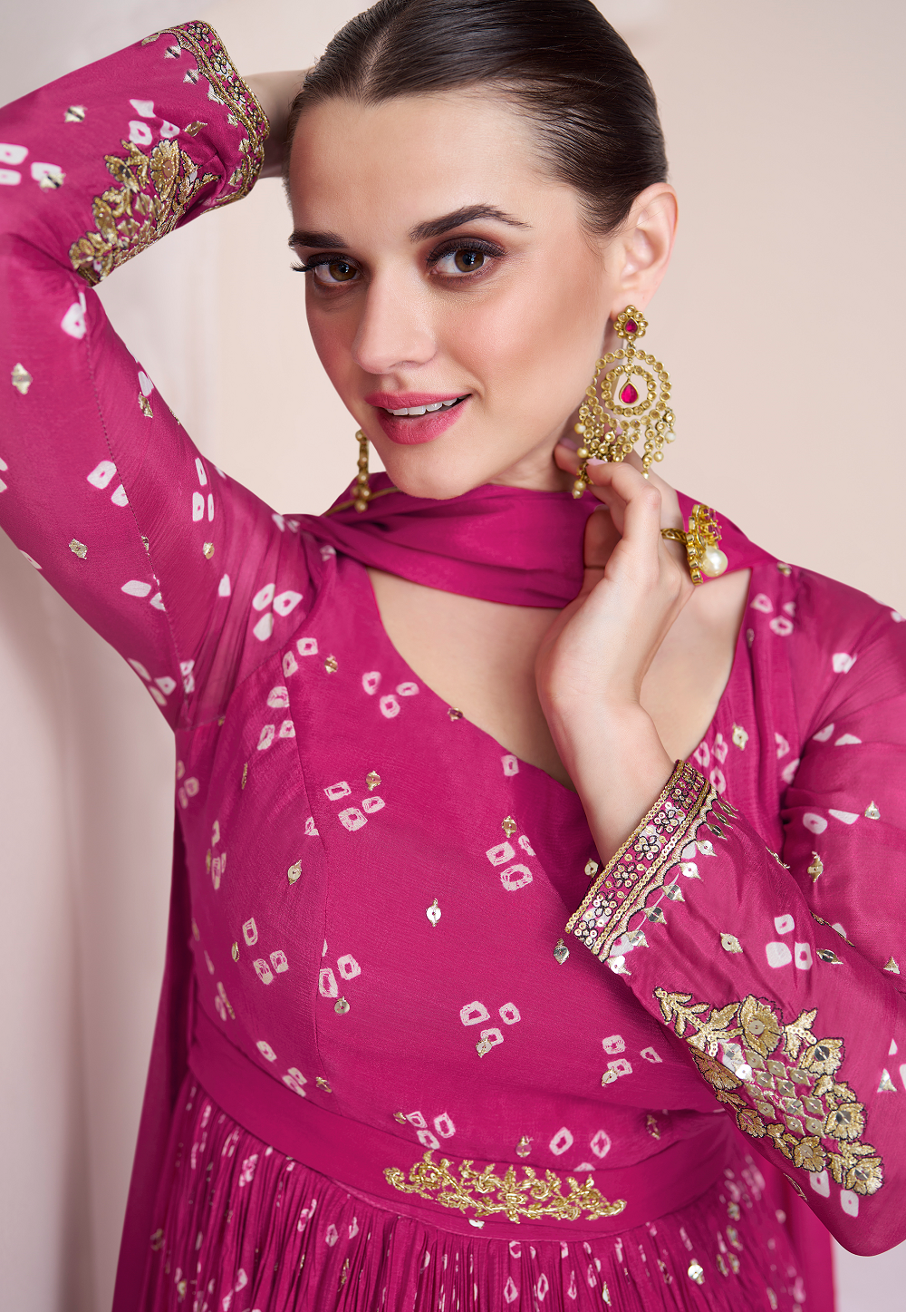 Art Chinon Silk Bandhej Printed Abaya Style Suit in Pink