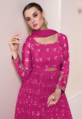 Art Chinon Silk Bandhej Printed Abaya Style Suit in Pink