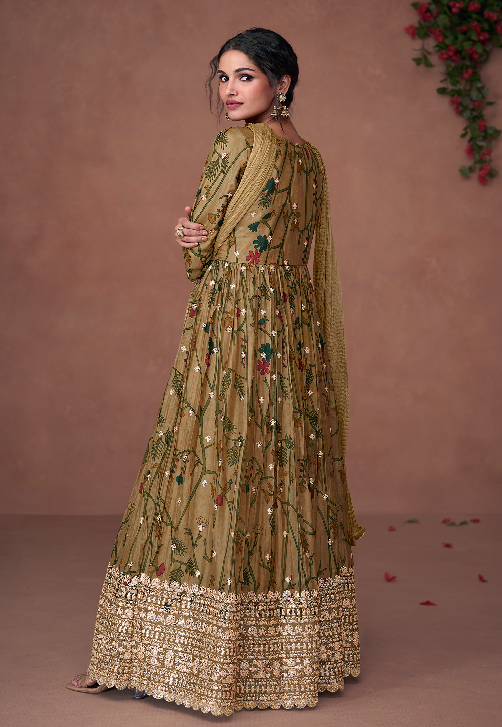 Art Silk Embroidered Abaya Style Kameez in Brown