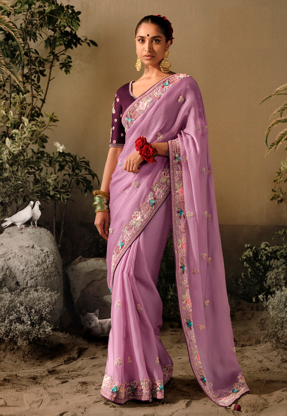 Hand Embroidered Dola Silk Saree in Light Purple