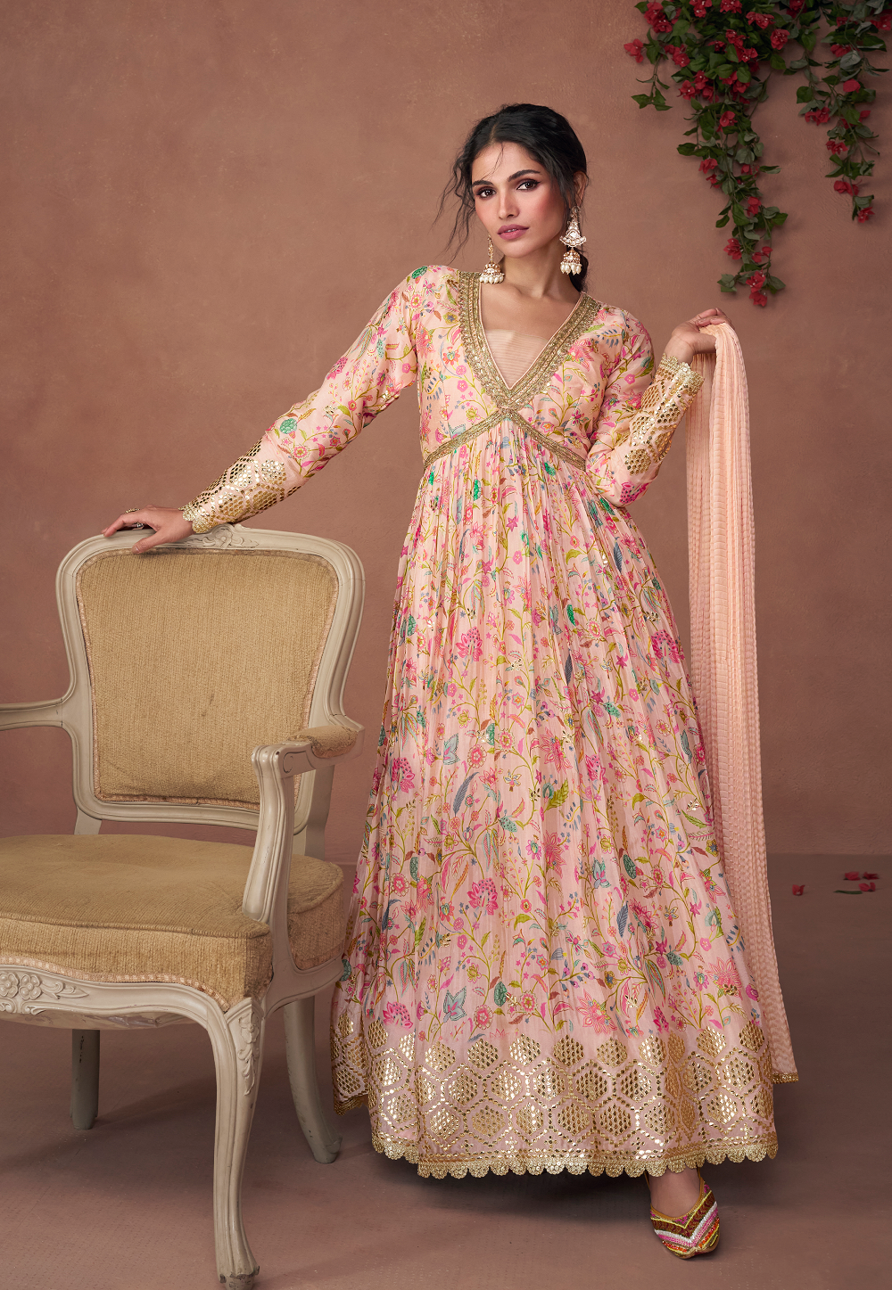 Art Silk Digital Printed Abaya Style Kameez in Light Pink