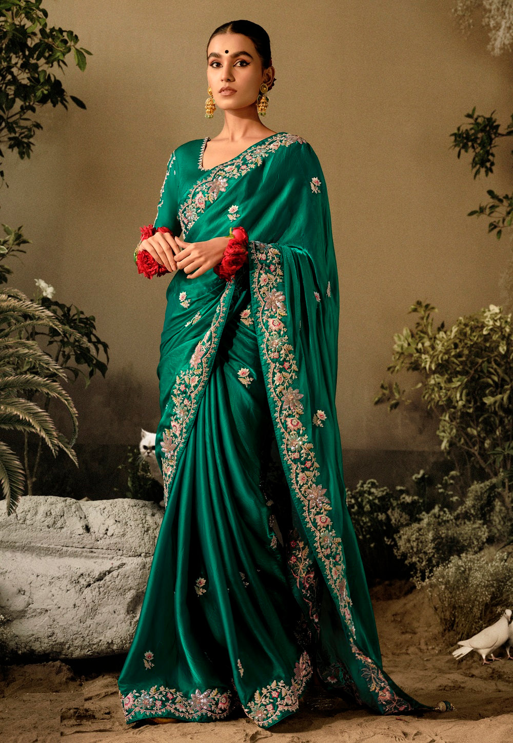 Hand Embroidered Dola Silk Saree in Green