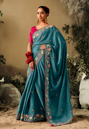 Hand Embroidered Dola Silk Saree in Blue