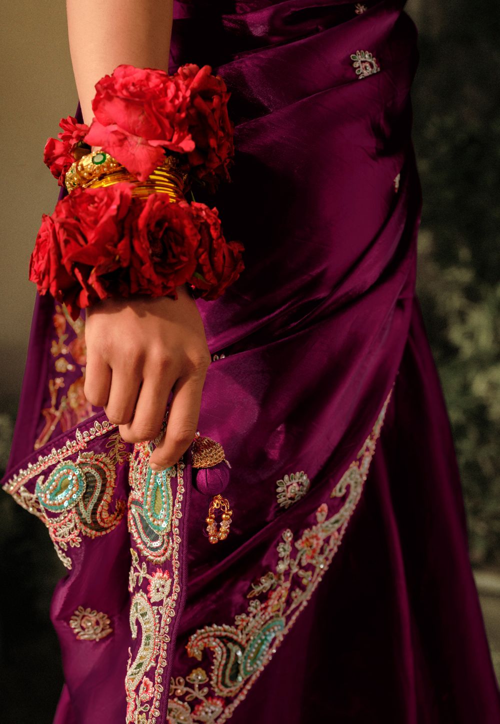 Hand Embroidered Dola Silk Saree in Purple