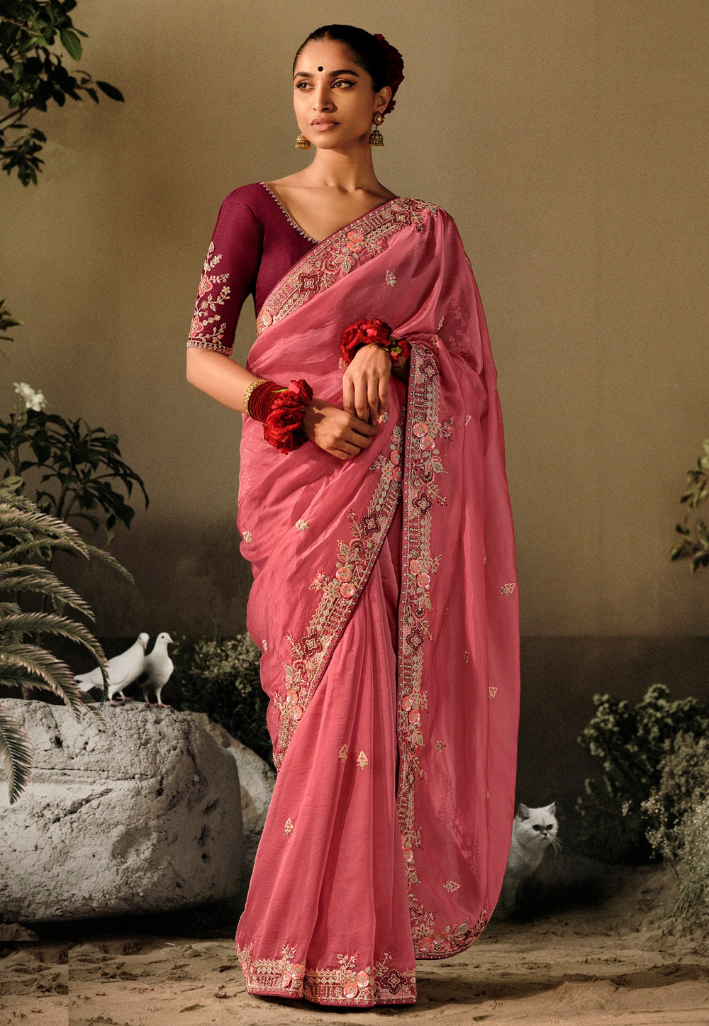Hand Embroidered Dola Silk Saree in Rose Gold