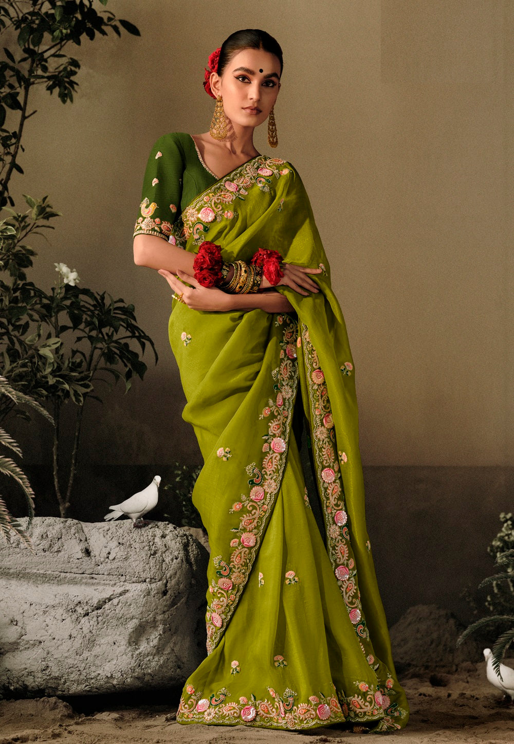Hand Embroidered Dola Silk Saree in Green
